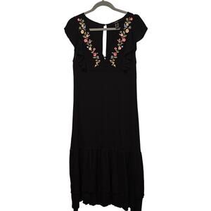 Forever 21 Black‎ Dress Medium Flutter Sleeve Embroidered VNeck Ruffles Boho